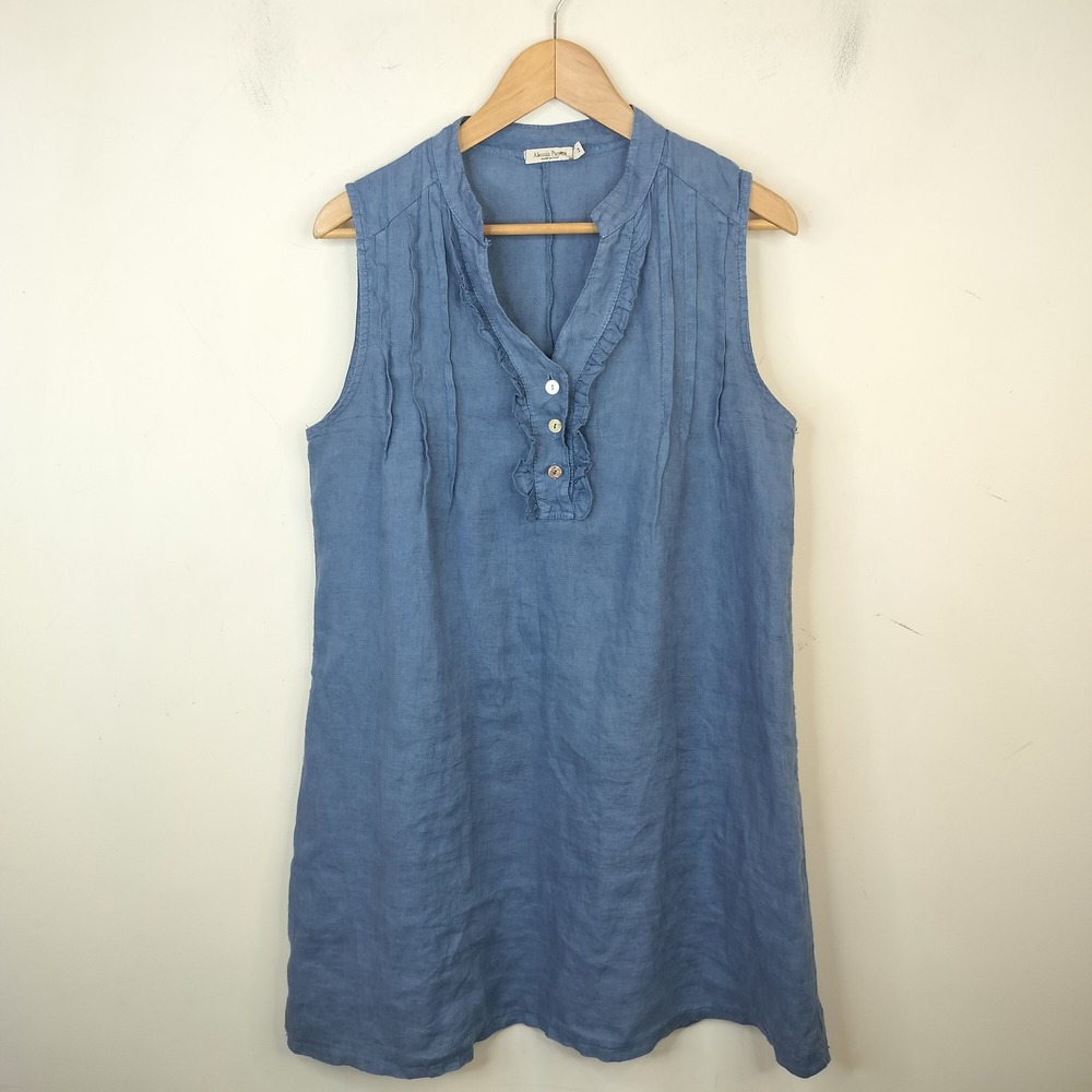 Alessia Pacini Linen Dress Medium Ruffle Pintuck Shift Coastal Blue Casual